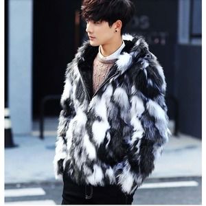 Black & White Faux Fur Men's Coat Jacket Hooded Fashion XXL 2X
